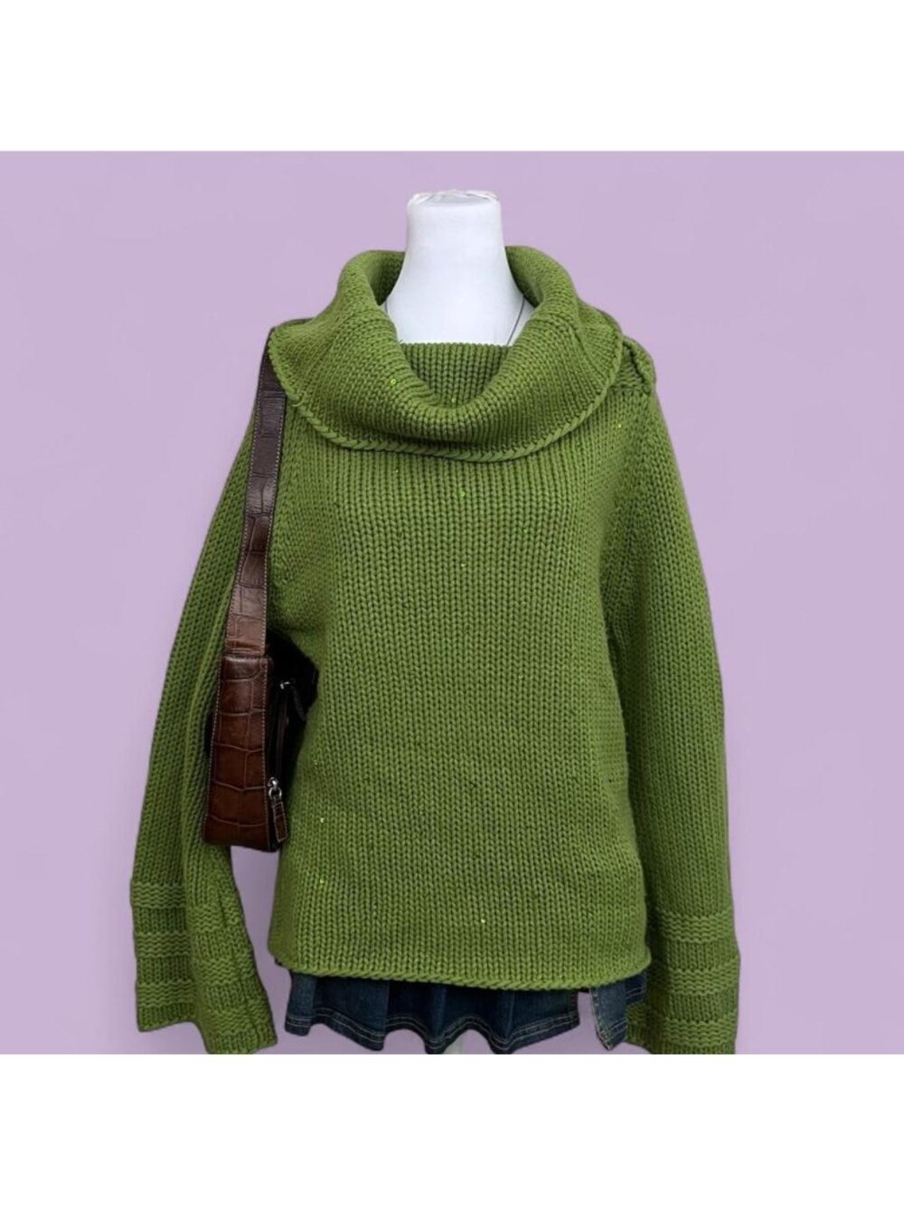 green sequin preppy cottagecore turtleneck sweater